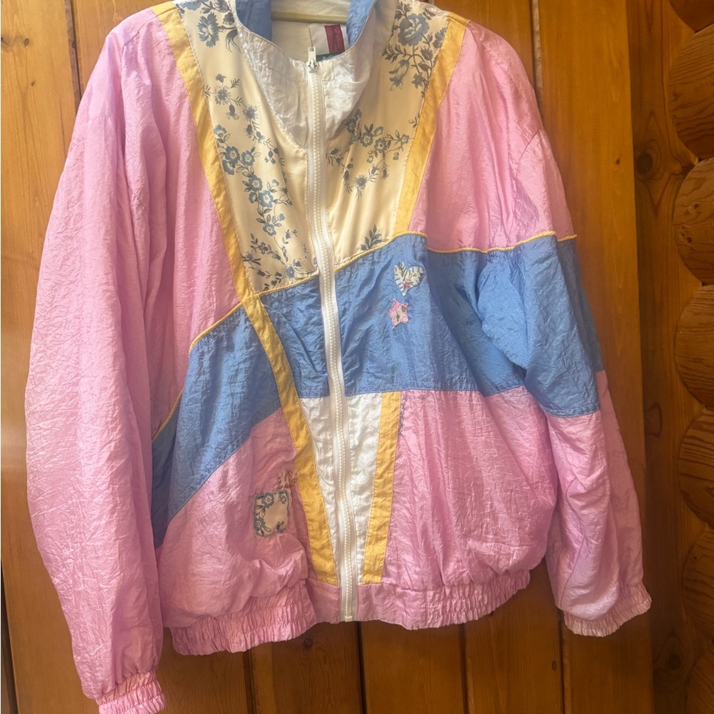 LoveShackFancy vintage collaboration Pastel Floral Colorblock Windbreaker Jacket